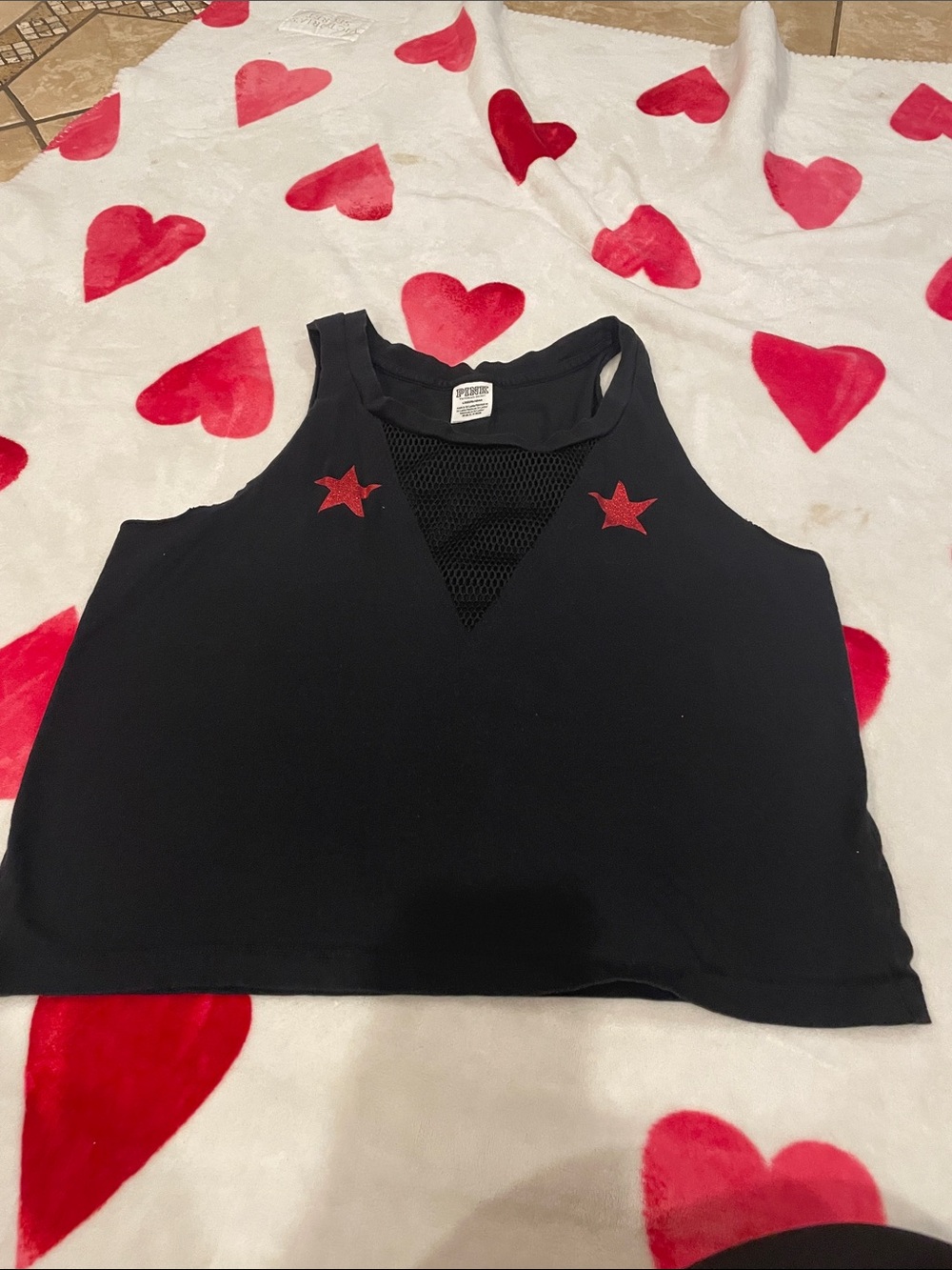 PINK Victoria's Secret Black Crop Sports Tank with Red Star Accents